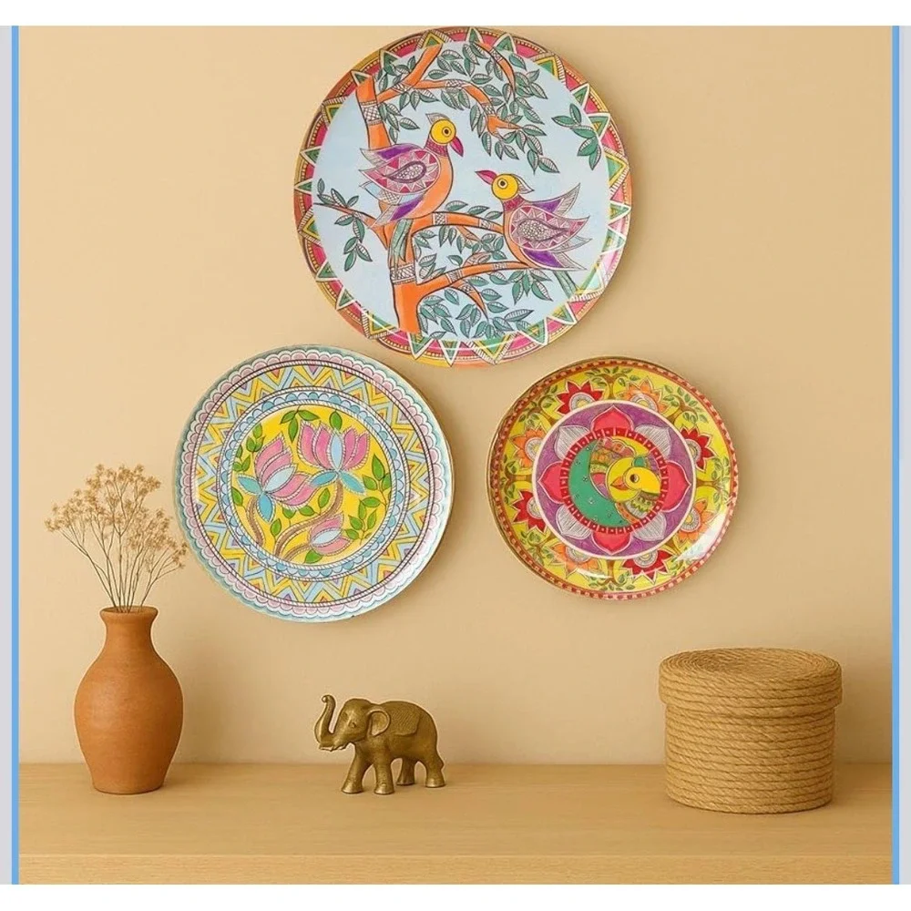 Madhubani Hand Painted Wall Hanging Plates‎ Set of 3 Bird Floral Folk Art Decor